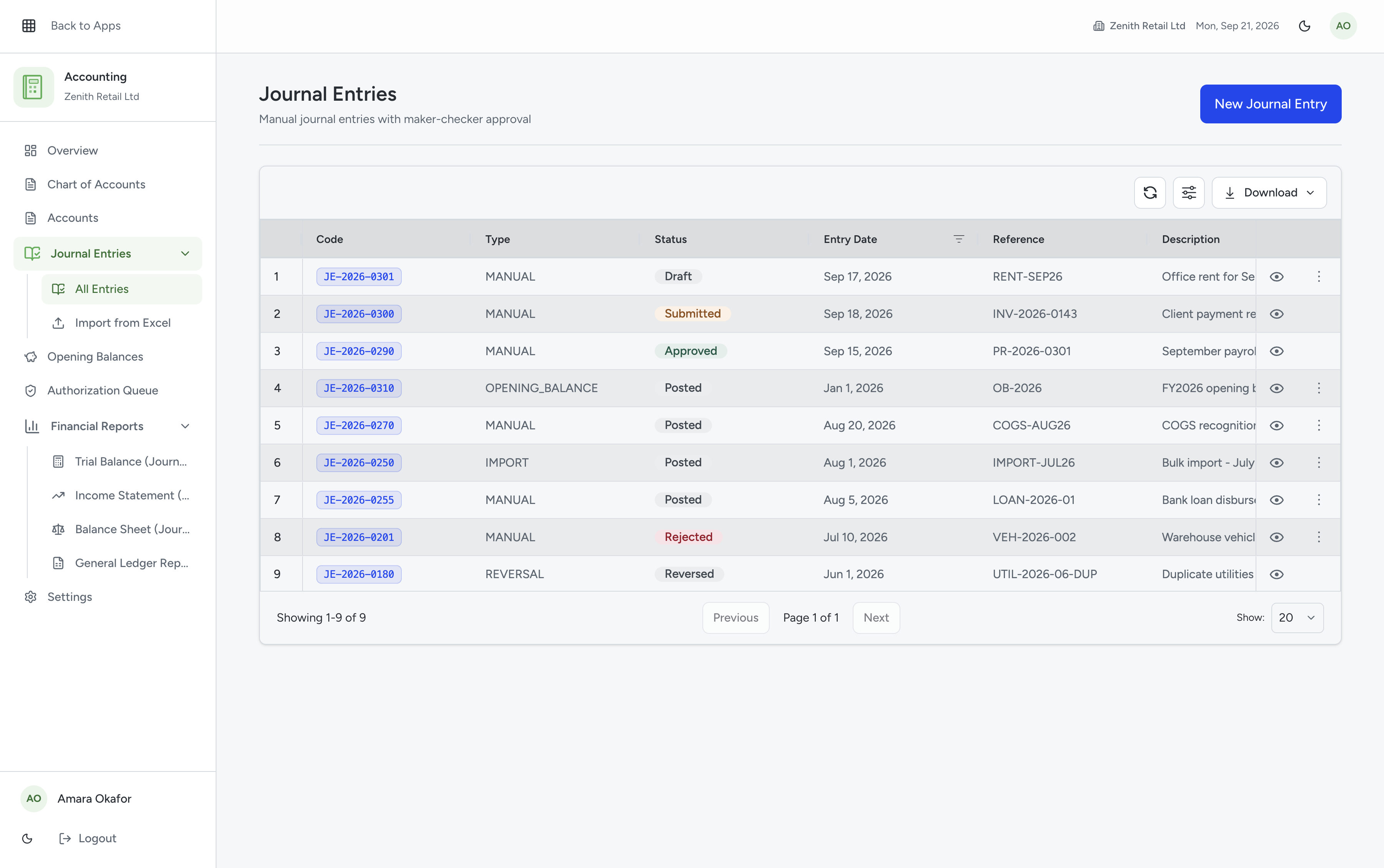 Qorpy journal entries screen