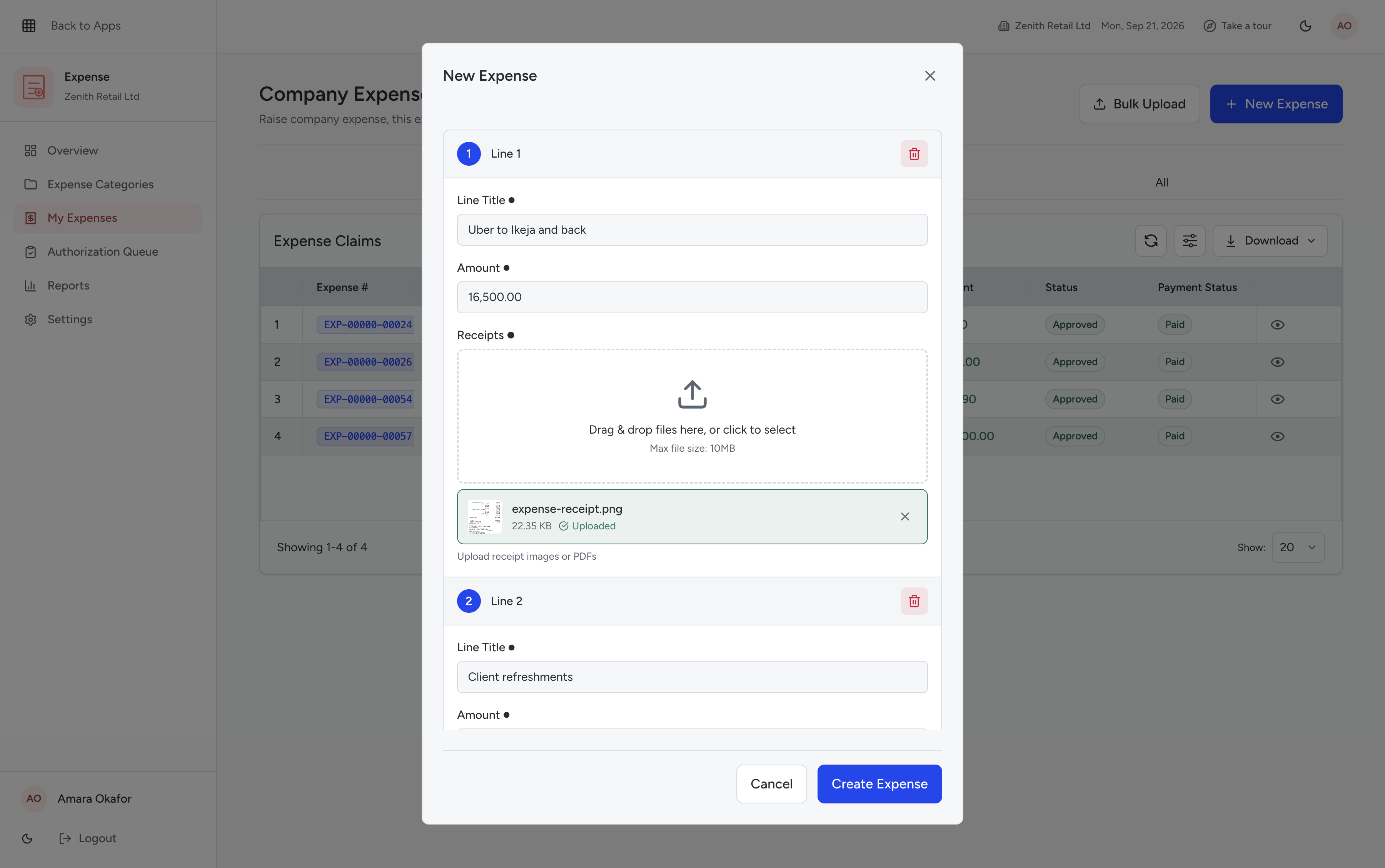 Qorpy expense receipts view